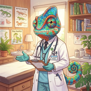 Chameleon veterinarian in white coat with stethoscope consulting a gecko on examination table